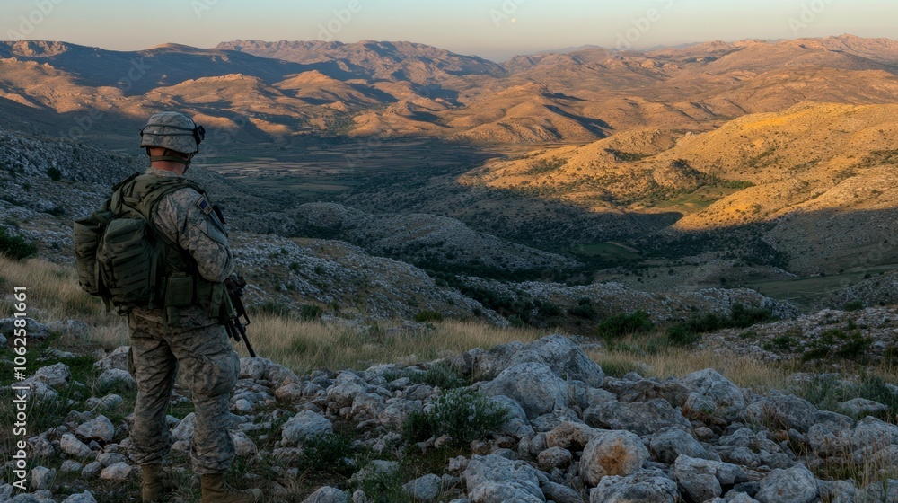 Fototapeta premium Soldier overlooking mountain range at sunset