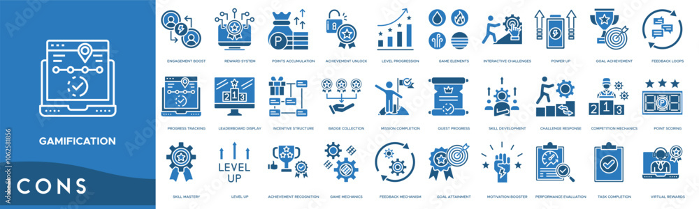 Gamification icon. Engagement Boost, Reward System, Points Accumulation, Achievement Unlock and Level Progression Gamification icon. Engagement Boost, Reward System, Points Accumulation, Achievement Unlock and Level Progression