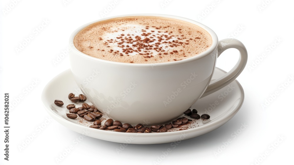 A inviting cup of cappuccino coffee with frothy foam isolated on white background A inviting cup of cappuccino coffee with frothy foam isolated on white background