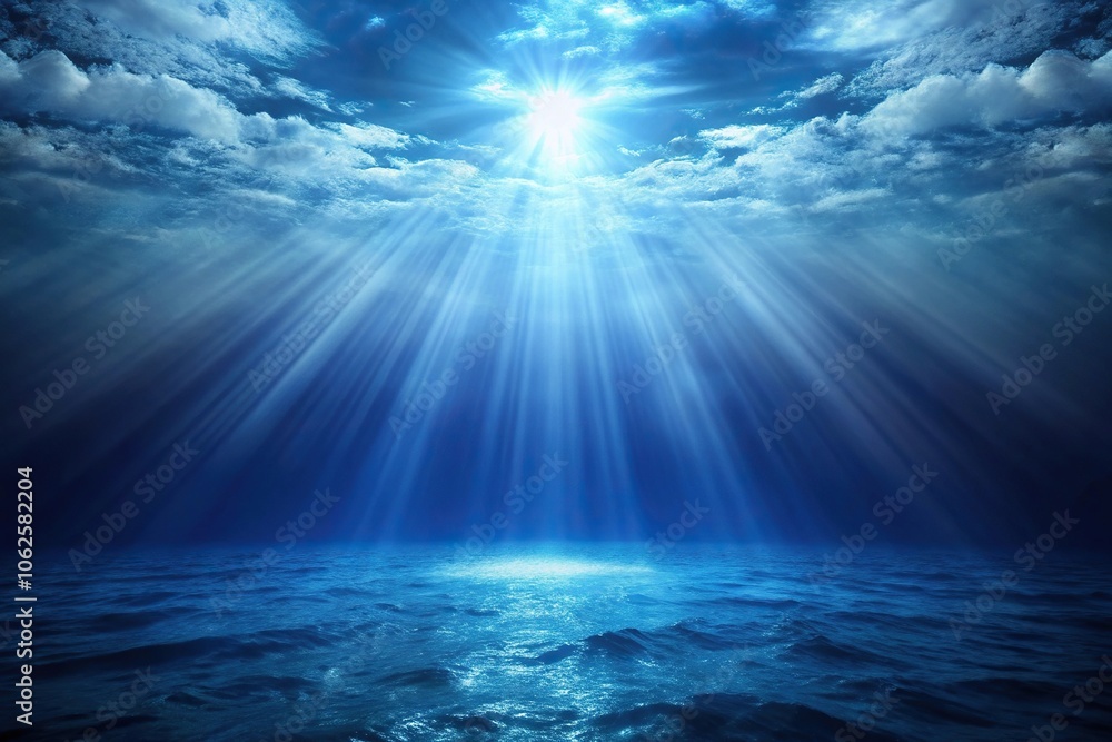 Wide-angle dark blue ocean with light beam on misty backdrop Wide-angle dark blue ocean with light beam on misty backdrop