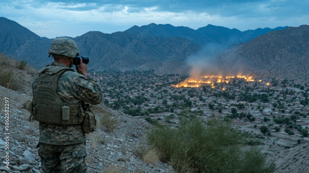 Soldier Observing Burning Village in Mountainous Landscape Soldier Observing Burning Village in Mountainous Landscape