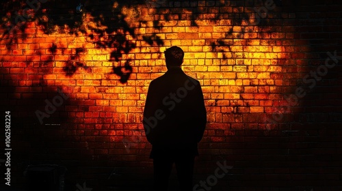 Under nighttime lighting, the silhouette of a person appears against a brick wall, evoking mystery, intrigue, and anonymity within an urban environment.