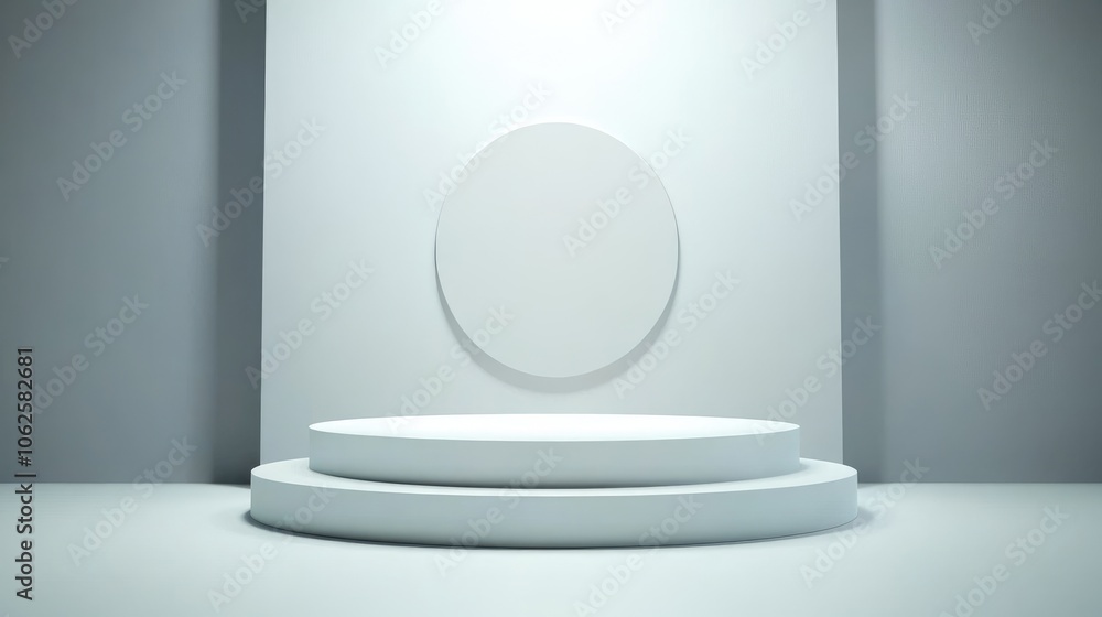 White Circular Platform with a Circular Backdrop in a White Room White Circular Platform with a Circular Backdrop in a White Room
