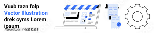 Laptop with store awning, web page elements, receipt with blue checkmark, and gear icon. Ideal for online business, e-commerce, web design, SEO, digital marketing, financial management, tech support