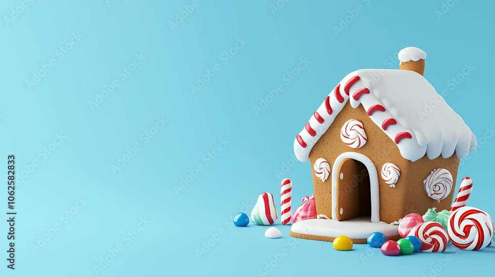 Gingerbread house with candy decorations and an open door. Gingerbread house with candy decorations and an open door.