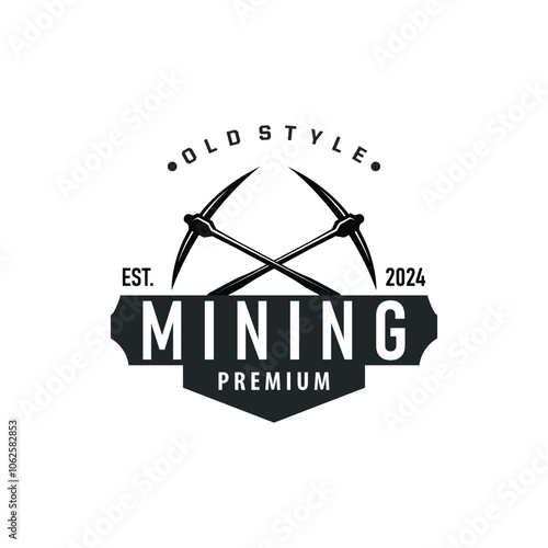 mountain gold mining logo design with simple vintage pickaxe tool concept illustration template