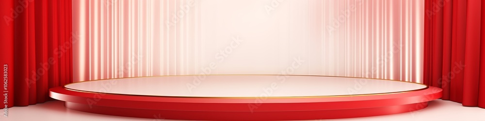 The scene features elegant red curtains enveloping a circular stage, designed for performances or events, set against a smooth, light backdrop The scene features elegant red curtains enveloping a circular stage, designed for performances or events, set against a smooth, light backdrop