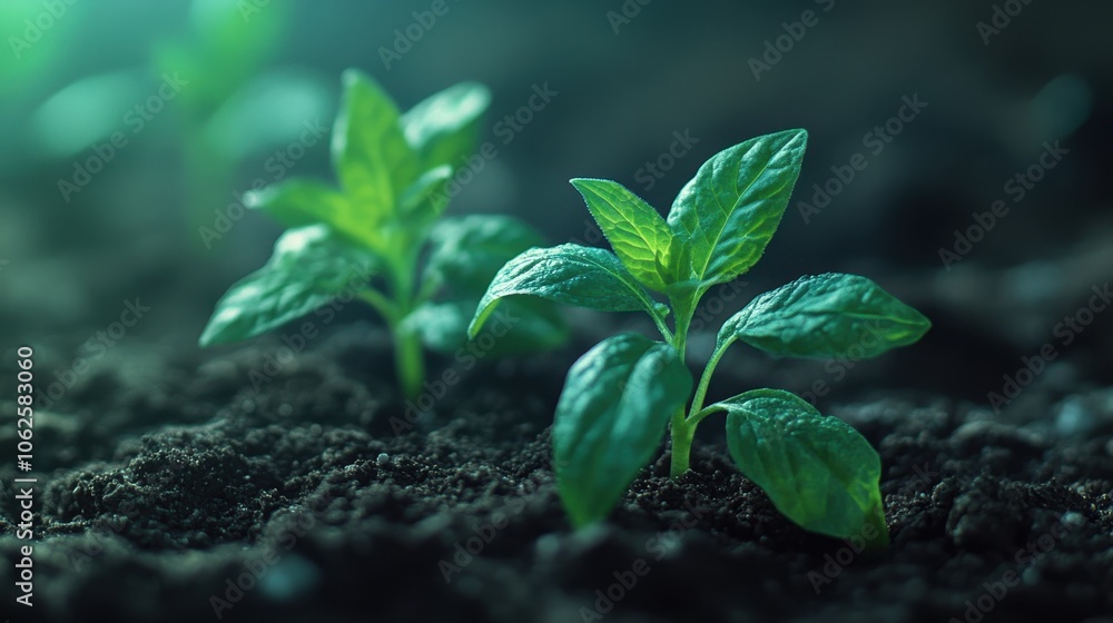 Three young green plants growing in rich soil under soft natural light. Three young green plants growing in rich soil under soft natural light.