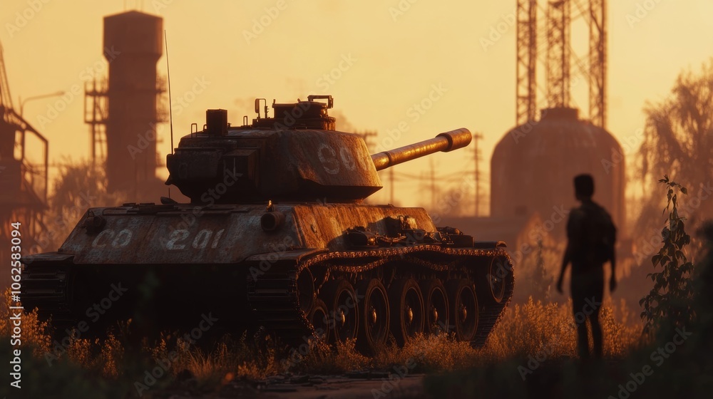 Fototapeta premium Abandoned Tank at Sunset War Ruins Post Apocalyptic Landscape Silhouette