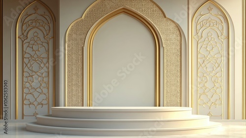 White Circular Platform with Gold Intricate Design Archway Background