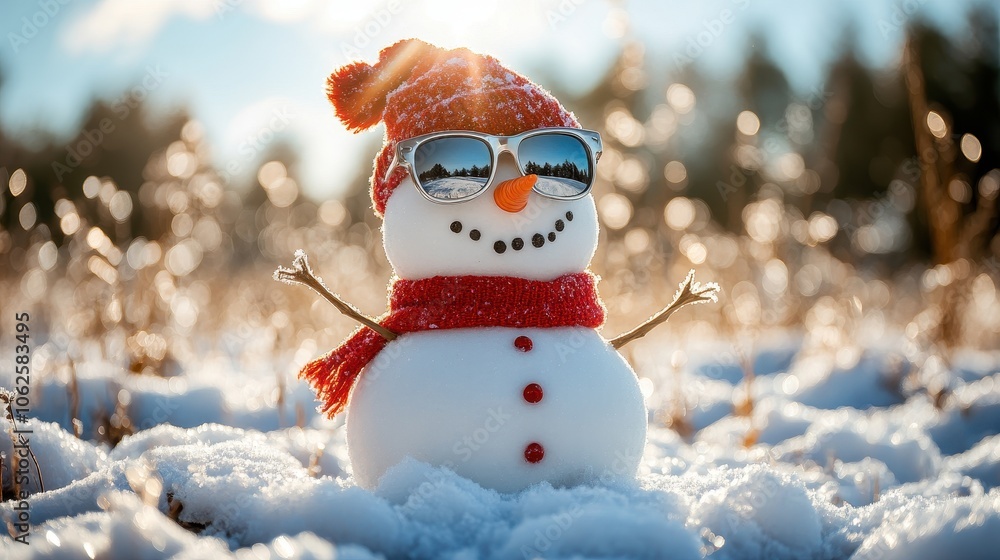Adorable snowman wearing sunglasses, joyfully smiling in a snowy field, capturing the festive spirit of Christmas and winter fun activities Adorable snowman wearing sunglasses, joyfully smiling in a snowy field, capturing the festive spirit of Christmas and winter fun activities