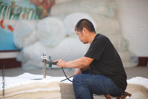 A garment worker is cutting a cotton coat and filling it with raw materials