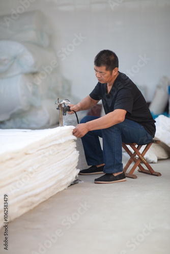 A garment worker is cutting a cotton coat and filling it with raw materials