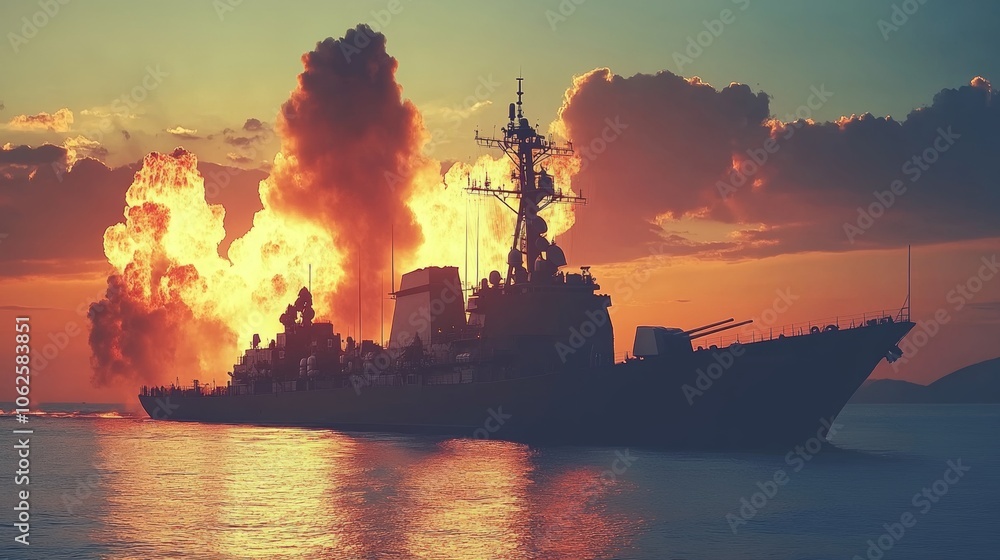 Military Ship Silhouette with Explosion and Sunset Military Ship Silhouette with Explosion and Sunset
