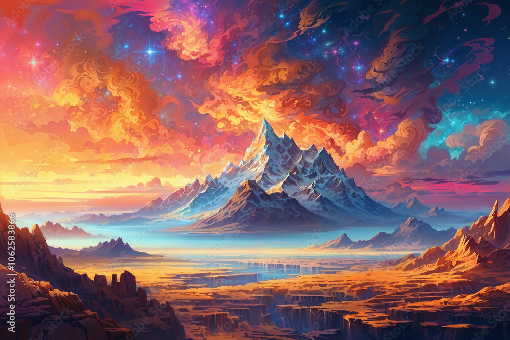 Naklejka premium Illustration of a whimsical, colorful fantasy mountain canyon.