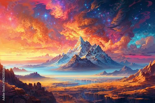 Illustration of a whimsical, colorful fantasy mountain canyon.