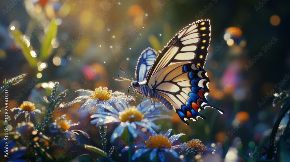Butterfly on Dew-Covered Flower in Soft Morning Light Butterfly on Dew-Covered Flower in Soft Morning Light