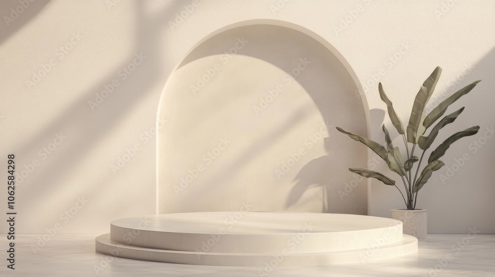 Minimalist White Product Display with Green Leaves and Arch Minimalist White Product Display with Green Leaves and Arch
