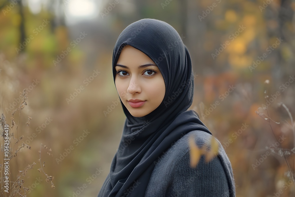 Beyond Binary photography of a Muslim woman enjoying a morning walk on a nature trail, serene and thoughtful, 4k resolution Beyond Binary photography of a Muslim woman enjoying a morning walk on a nature trail, serene and thoughtful, 4k resolution