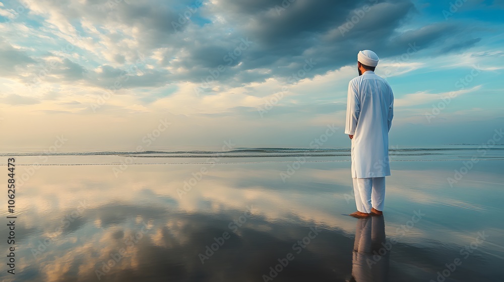 Beyond Binary photography of a Muslim man in traditional attire standing on a beach, looking at the horizon, reflective and calm, 4k resolution Beyond Binary photography of a Muslim man in traditional attire standing on a beach, looking at the horizon, reflective and calm, 4k resolution