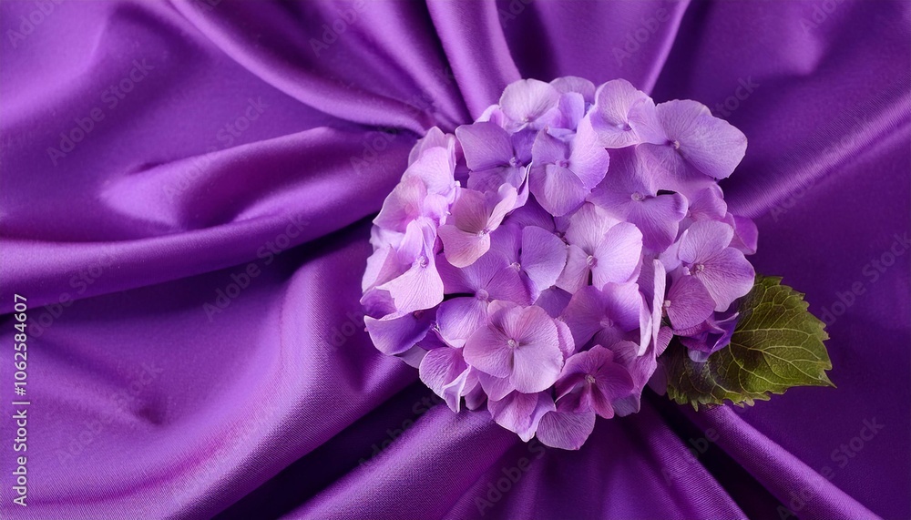 Purple Hydrangea Flower on a Draped Soft Purple Silk Fabric Purple Hydrangea Flower on a Draped Soft Purple Silk Fabric