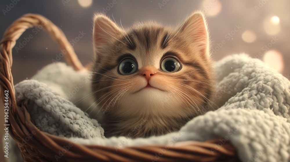Adorable Chubby Kitten Sitting in a Soft Basket Adorable Chubby Kitten Sitting in a Soft Basket