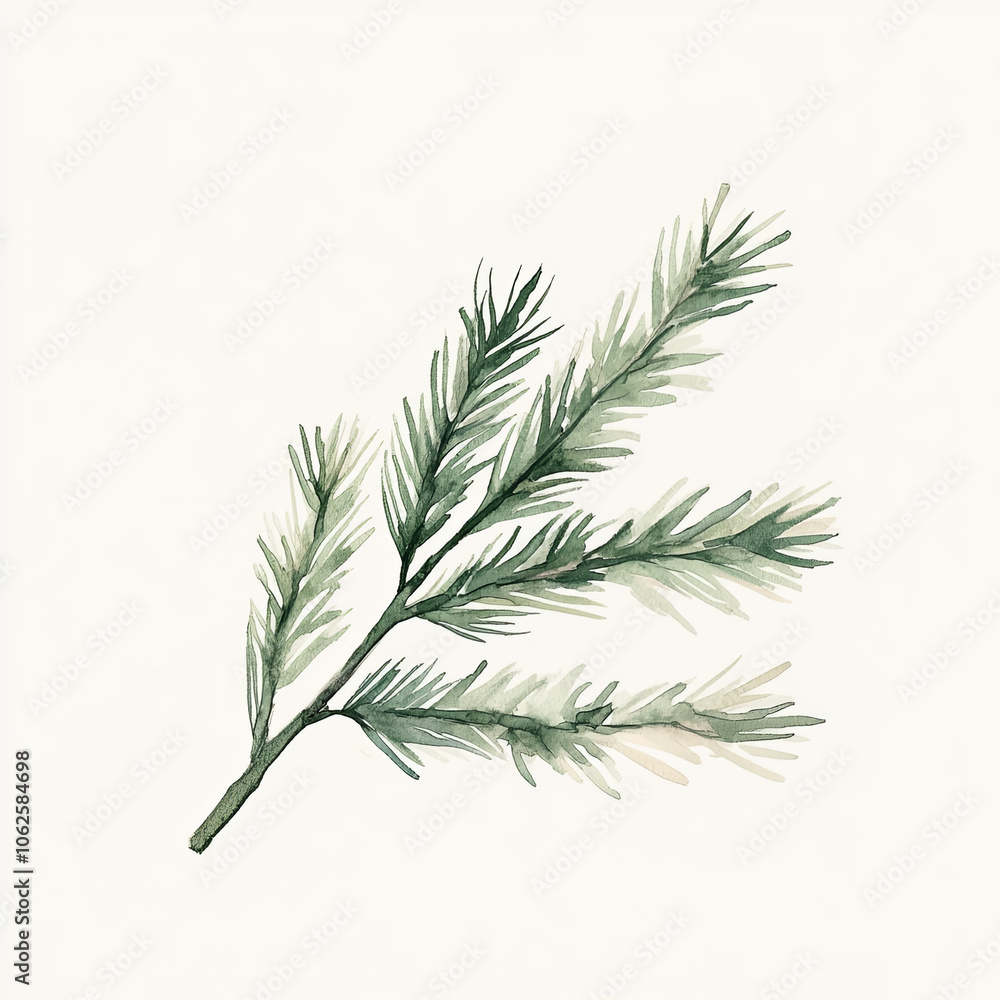 Fototapeta premium cozy watercolor style illustration of pine branch, showcasing delicate green needles and soft background. This artwork evokes sense of tranquility and nature