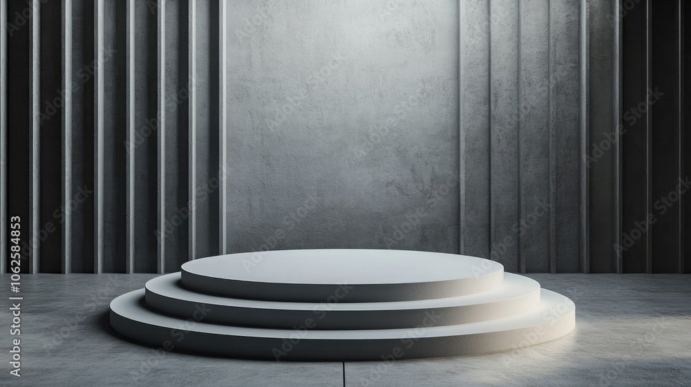 White Circular Platform on a Grey Concrete Floor with Vertical Concrete Panels White Circular Platform on a Grey Concrete Floor with Vertical Concrete Panels