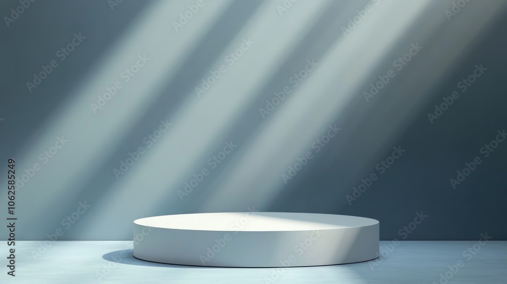 A White Circular Platform Against a Light Blue Wall with Sunbeams A White Circular Platform Against a Light Blue Wall with Sunbeams
