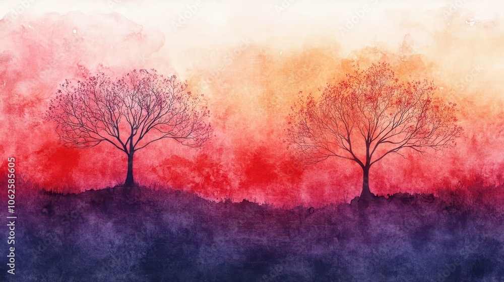 Stark abstract tree silhouettes, watercolor spring bloom background Stark abstract tree silhouettes, watercolor spring bloom background