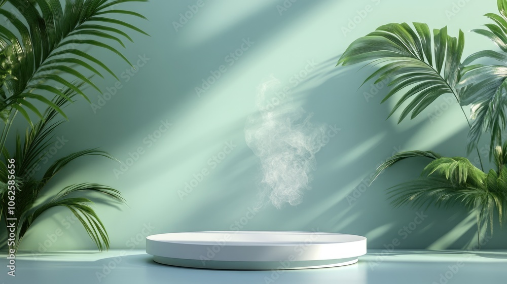 White Platform with Smoke and Tropical Palm Leaves on a Green Background White Platform with Smoke and Tropical Palm Leaves on a Green Background