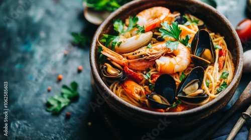 Close-Up of Delicious Seafood Spaghetti Dish