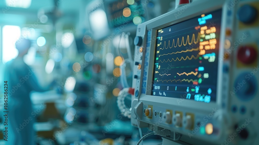 Fototapeta premium closeup of medical equipment and monitors displaying life line waveforms on screen in hospital room.