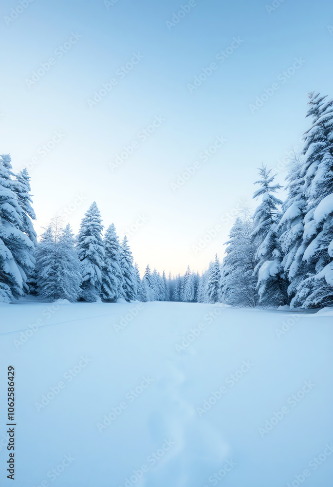 Fototapeta premium Winter forest landscape snowdrifts copy space background