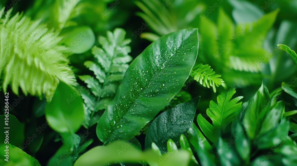 Lush Green Foliage with Dew Drops Tropical Rainforest Texture Lush Green Foliage with Dew Drops Tropical Rainforest Texture