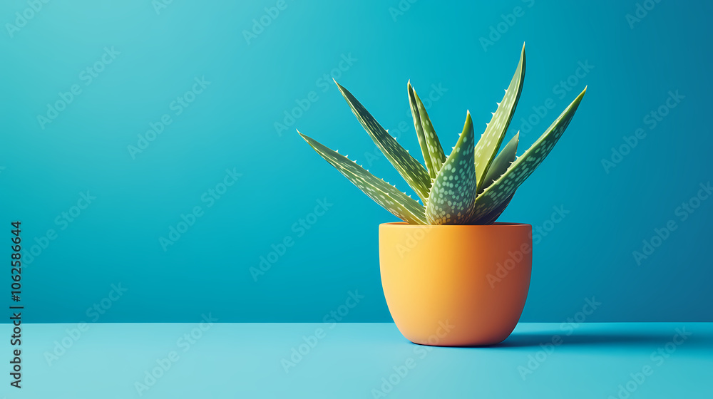 Aloe plant in orange pot with blue background Aloe plant in orange pot with blue background