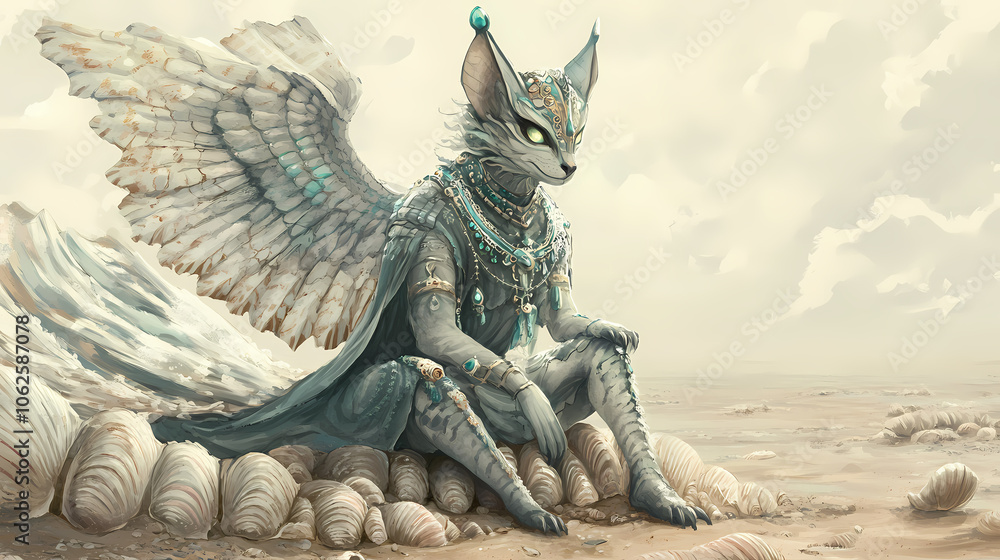Fototapeta premium Seashell sphinx a riddling guardian perched atop ancient seashells, challenging seekers of wisdom. Guardian Sphinx. Illustration