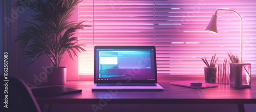 Laptop on a desk with pink and blue lights