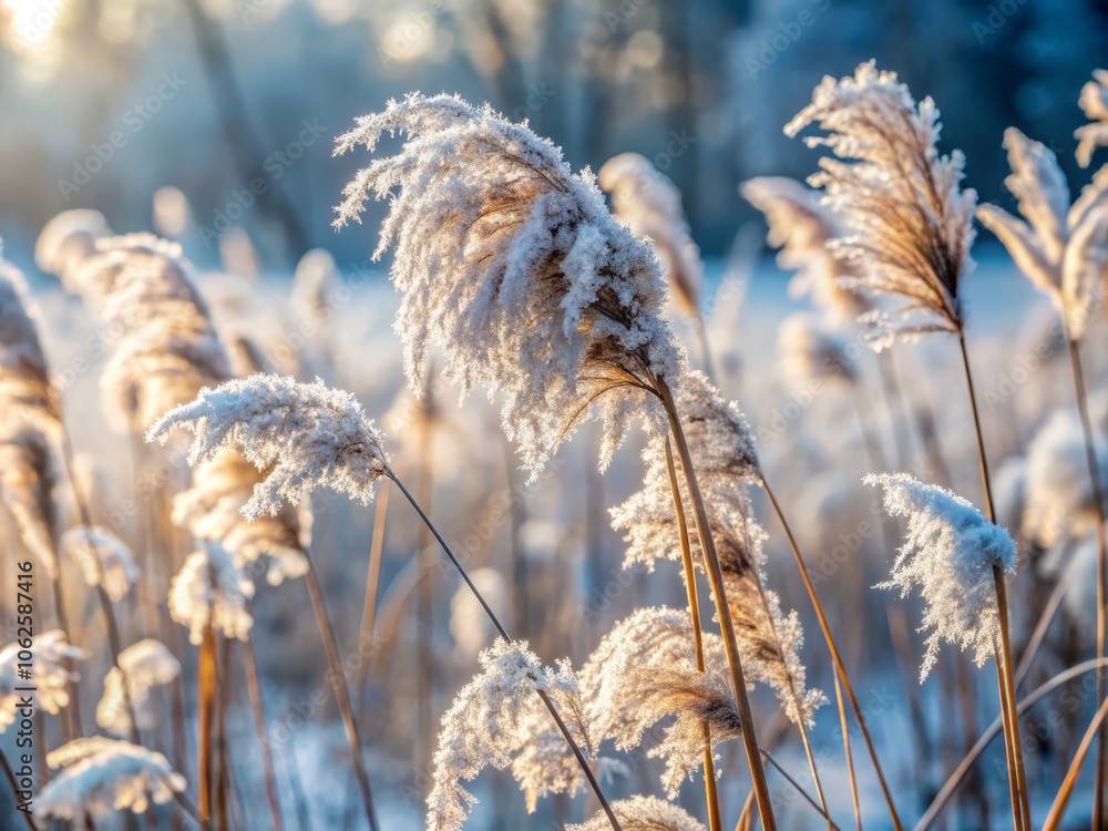 Fototapeta premium Abstract Natural Background of Frosted Pampas Grass and Bokeh Dry Reeds in Winter, Boho Style, Soft Plants Patterns, Fluffy Stems, Tall Grass Under Snow, Nature Photography