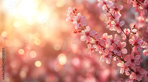 Soft pink cherry blossoms illuminated by warm sunlight create serene and dreamy atmosphere, perfect for springtime. gentle bokeh enhances beauty of nature