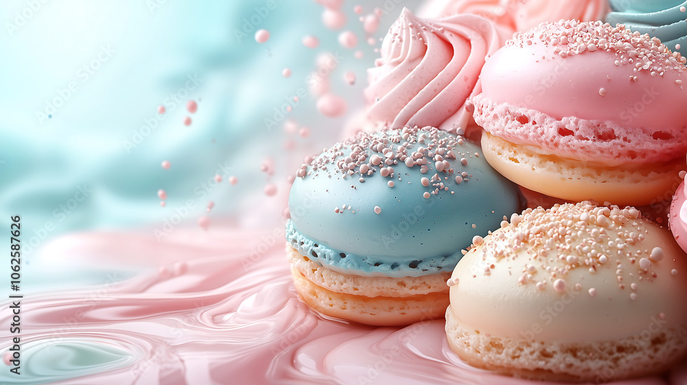 Delightful pastel macarons and swirls of frosting create sweet, inviting background. Perfect for dessert lovers and celebrations, this captures joyful essence Delightful pastel macarons and swirls of frosting create sweet, inviting background. Perfect for dessert lovers and celebrations, this captures joyful essence