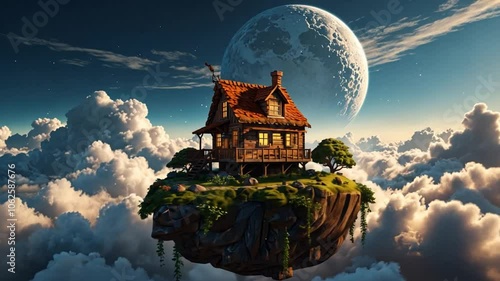 Wallpaper Mural an island floating above the clouds and a small house on it Torontodigital.ca