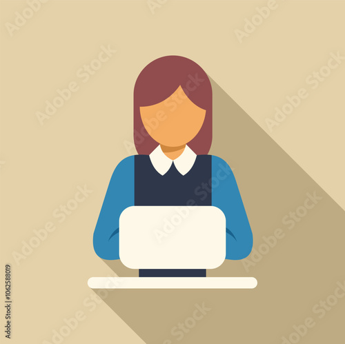 Businesswoman working on laptop computer, flat design illustration with long shadow
