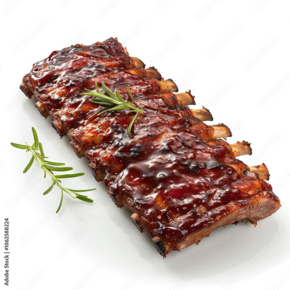 Photo of barbecue ribs on a cutting board with rosemary sprig and barbecue sauce, ready for serving. Photo of barbecue ribs on a cutting board with rosemary sprig and barbecue sauce, ready for serving.