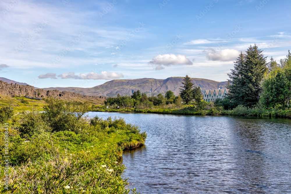 Thingvellir, Iceland - August 12, 2024: Landscape views of the continental divide in Thingvellir National Park in Iceland
Thingvellir, Iceland - August 12, 2024: Landscape views of the continental divide in Thingvellir National Park in Iceland