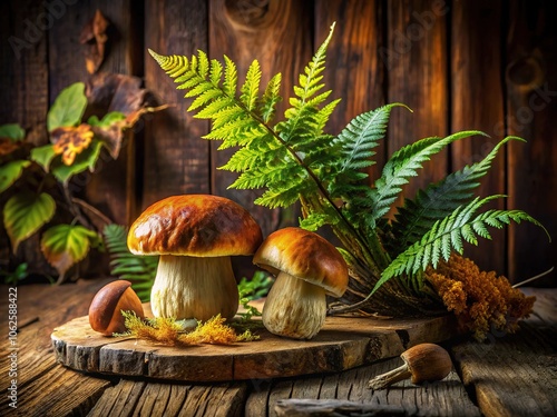 Fox ferns and plump boletes on a rustic autumnal board. photo