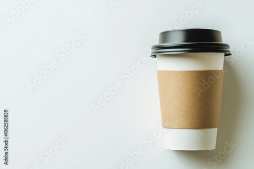 Disposable paper coffee cup with cardboard sleeve and black lid on white background