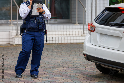 交通違反をした運転手に反則切符を発行する警察官