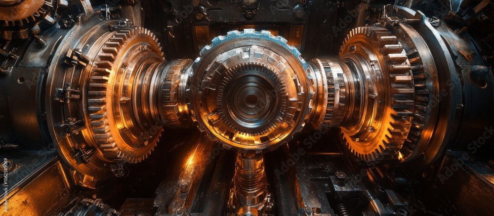 Intricate Close-Up of Industrial Machinery with Gears and Cogs Illuminated by Warm Light in a Factory Setting Intricate Close-Up of Industrial Machinery with Gears and Cogs Illuminated by Warm Light in a Factory Setting