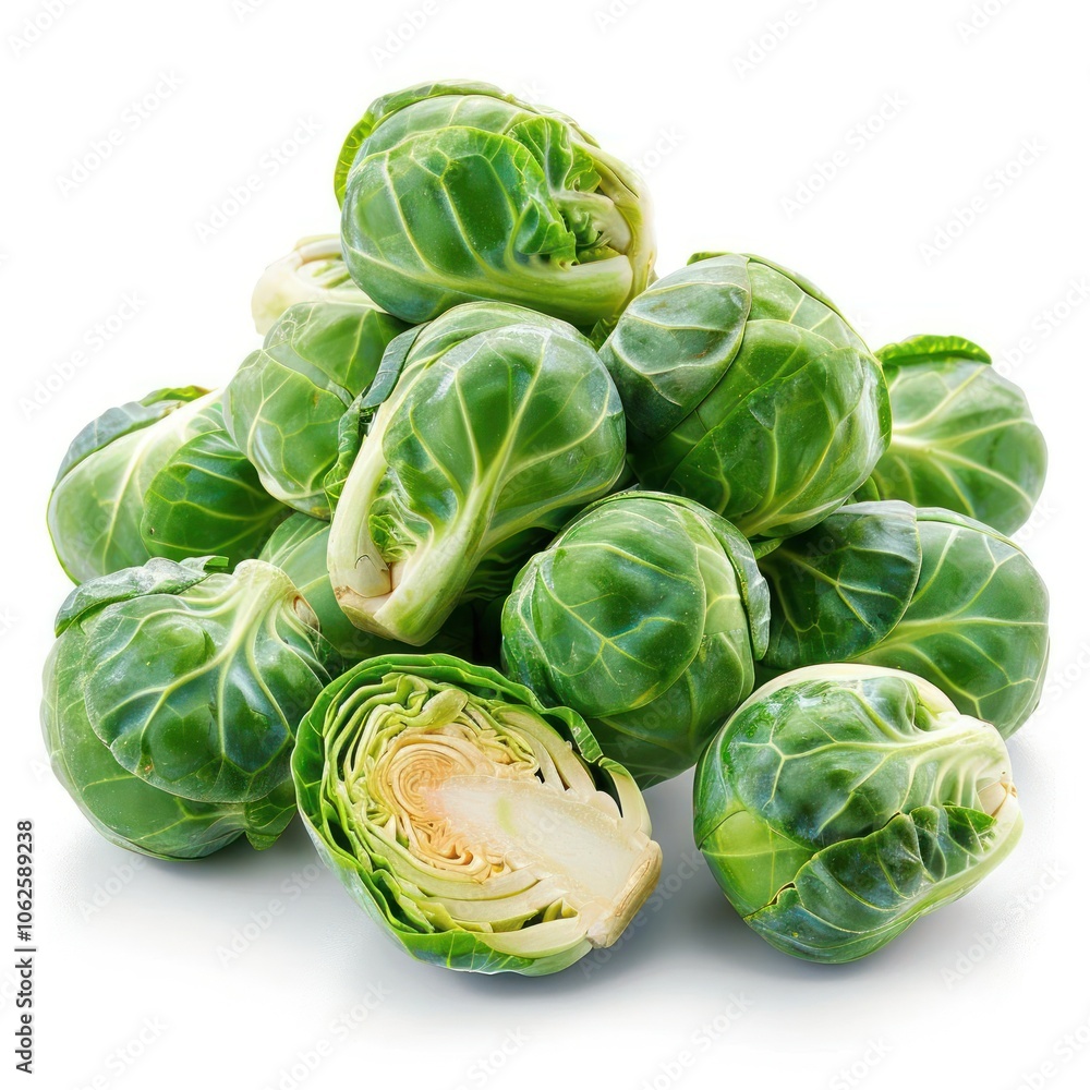 Fototapeta premium a group of green brussel sprout heads with their leafy green tops still attached, indicating they are freshly harvested and ready for use.